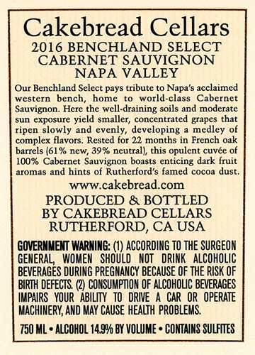 Benchland Select Cabernet Sauvignon 2016 Back Label