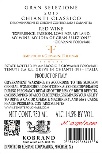 Chianti Classico Gran Selezione DOCG 2015 Back Label