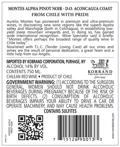 Alpha Pinot Noir Back Label