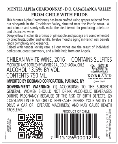 Alpha Chardonnay 2016 Back Label