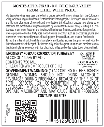Alpha Syrah Back Label