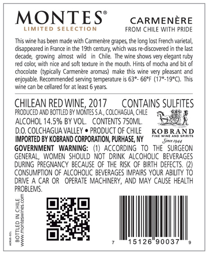 Limited Selection Carmenère 2017 Back Label