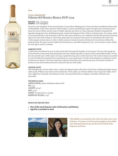 Falerno del Massico Bianco DOP 2019 Fact Sheet