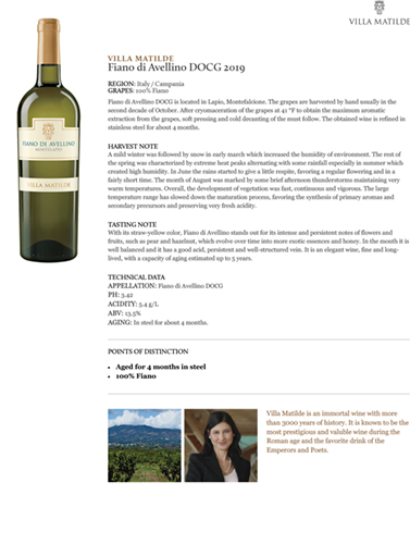 Fiano di Avellino DOCG 2019 Fact Sheet