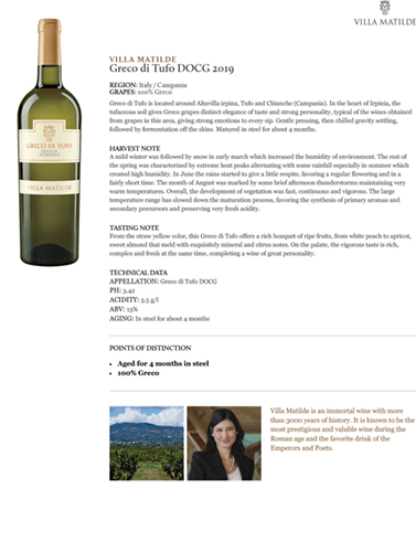 Greco di Tufo DOCG 2019 Fact Sheet