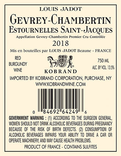 Gevrey-Chambertin Estournelles Saint Jacques Premier Cru 2018 Back Label