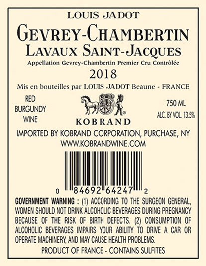 Gevrey-Chambertin Lavaux-Saint-Jacques Premier Cru 2018 Back Label