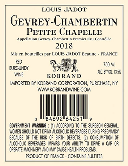 Gevrey-Chambertin Petite Chapelle Premier Cru 2018 Back Label
