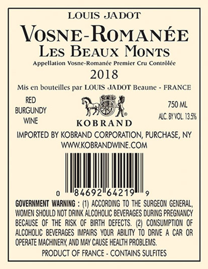 Vosne-Romanée Les Beaux Monts Premier Cru 2018 Back Label