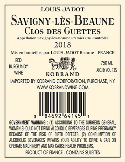 Savigny-lès-Beaune Clos des Guettes Premier Cru 2018 Back Label