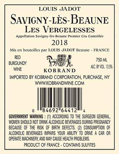 Savigny-lès-Beaune Les Vergelesses Premier Cru 2018 Back Label