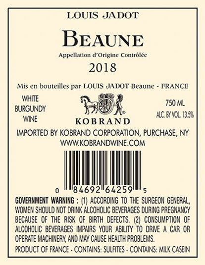 Beaune Blanc 2018 Back Label