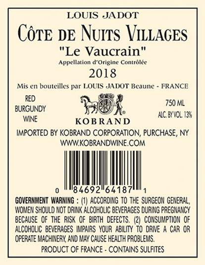 Côte de Nuits-Villages Le Vaucrain 2018 Back Label