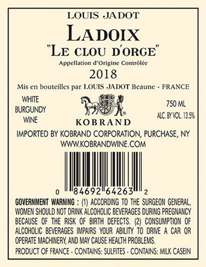 Ladoix Le Clou d’Orge Blanc 2018 Back Label
