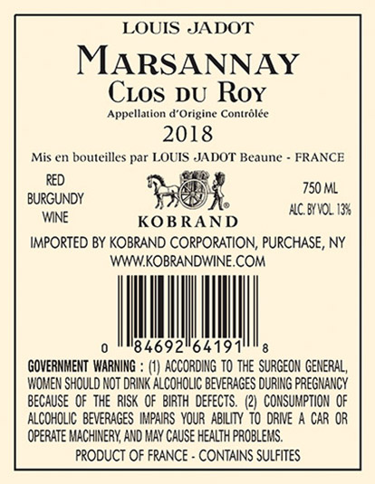 Marsannay Clos du Roy 2018 Back Label