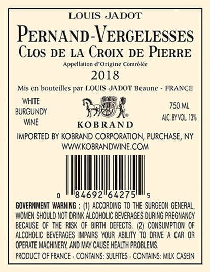 Pernand-Vergelesses Clos de la Croix de Pierre Blanc 2018 Back Label