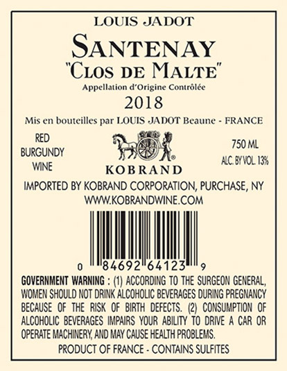 Santenay Clos de Malte 2018 Back Label