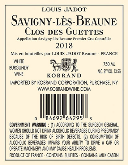 Savigny-lès-Beaune Clos des Guettes Premier Cru Blanc 2018 Back Label