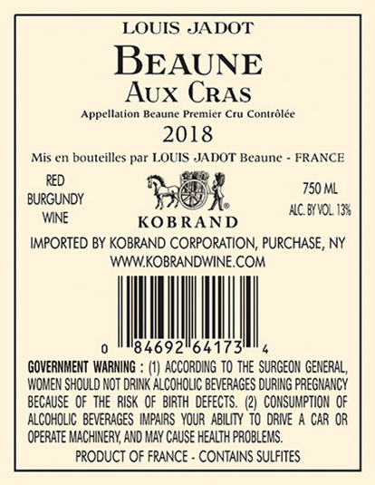 Beaune Aux Cras Premier Cru 2018 Back Label