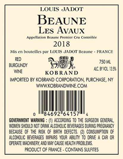 Beaune Avaux Premier Cru 2018 Back Label