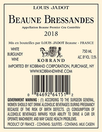 Beaune Bressandes Premier Cru Blanc 2018 Back Label