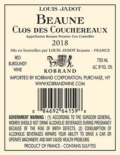 Beaune Clos des Couchereaux Premier Cru 2018 Back Label