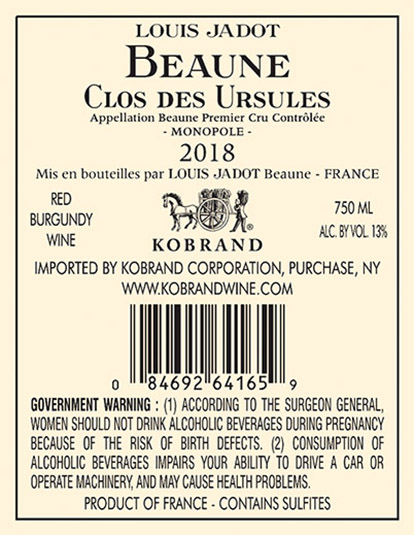 Beaune Clos des Ursules Premier Cru 2018 Back Label
