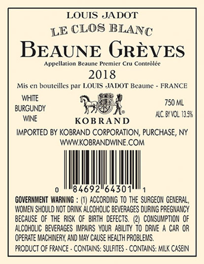 Beaune Greves le Clos Blanc Premier Cru 2018 Back Label
