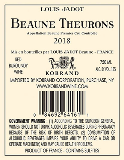 Beaune Theurons Premier Cru 2018 Back Label