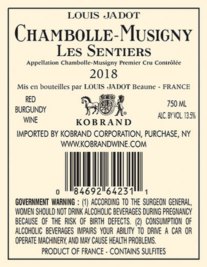 Chambolle Musigny Les Sentiers 2018 Back Label
