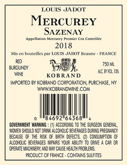 Mercurey Sazenay Premier Cru 2018 Back Label