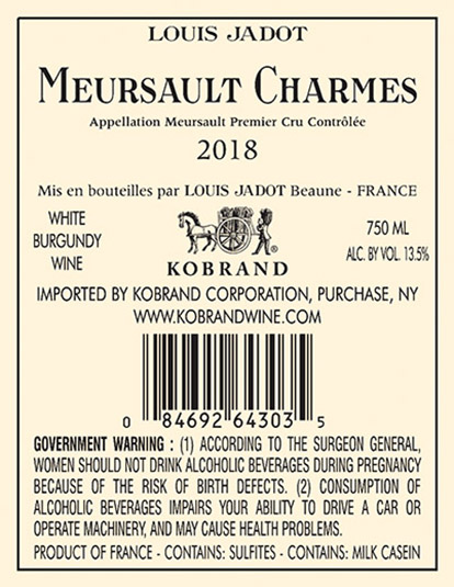 Meursault Charmes Premier Cru 2018 Back Label