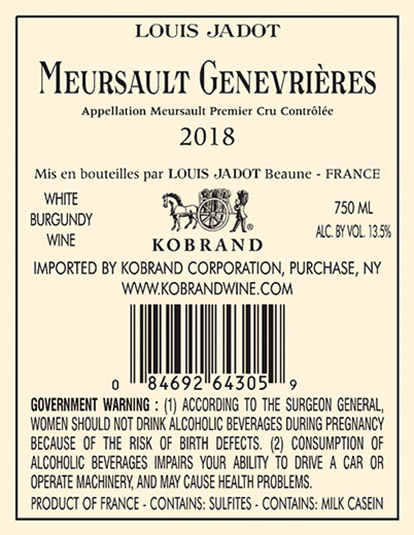 Meursault Genevrières Premier Cru 2018 Back Label