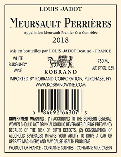 Meursault Perrières Premier Cru 2018 Back Label