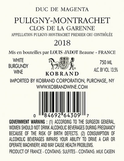 Puligny-Montrachet Clos de la Garenne Domaine Duc de Magenta 2018 Back Label