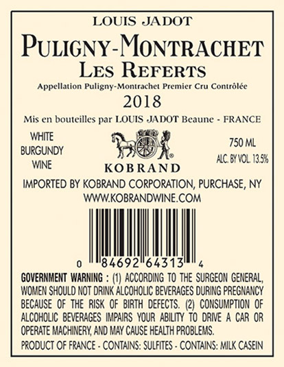 Puligny-Montrachet Referts Premier Cru 2018 Back Label
