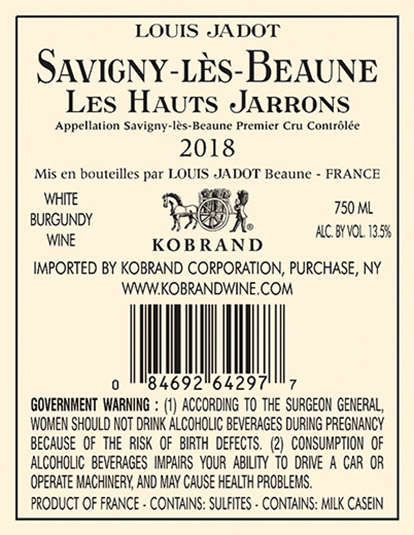 Savigny-lès-Beaune Hauts-Jarrons Premier Cru 2018 Back Label