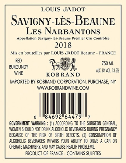 Savigny-lès-Beaune Narbantons 2018 Back Label