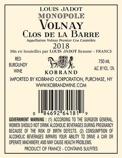 Volnay Clos de la Barre Premier Cru 2018 Back Label
