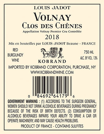 Volnay Clos des Chênes Premier Cru 2018 Back Label