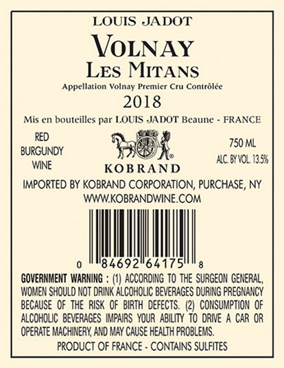 Volnay Mitans Premier Cru 2018 Back Label