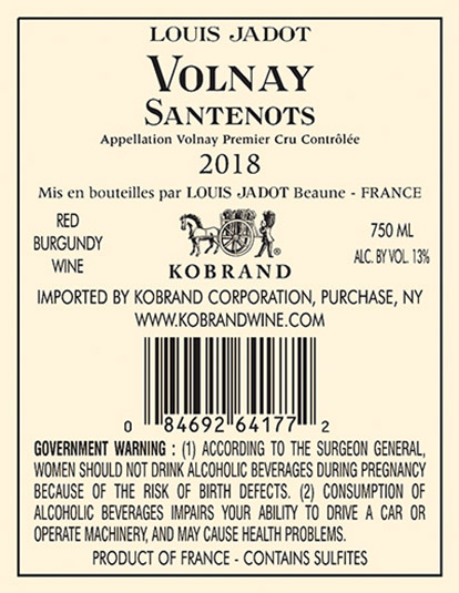 Volnay-Santenots Premier Cru 2018 Back Label