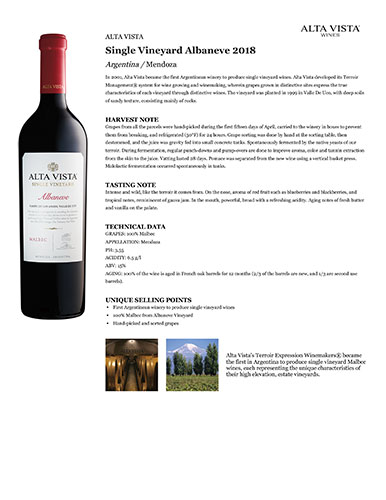 Single Vineyard Albaneve 2018 Fact Sheet