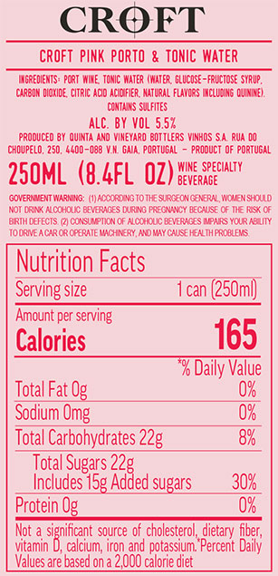 RTD – Pink & Tonic Nutritional Information