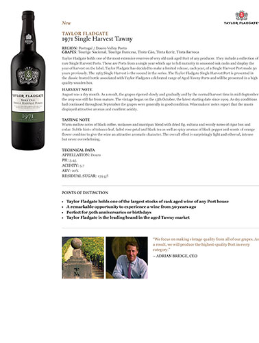 1971 Single Harvest Tawny Fact Sheet