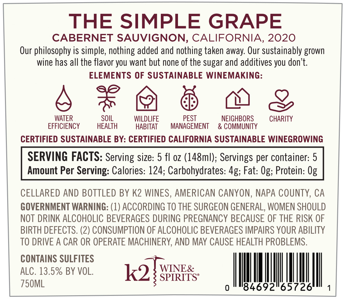 Cabernet Sauvignon 2020 Back Label