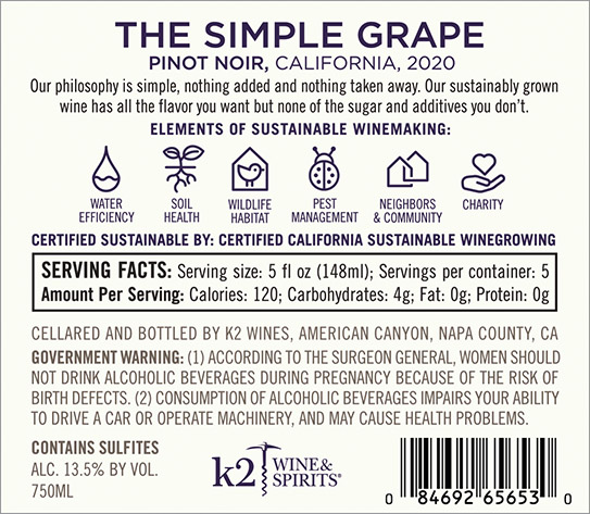 Pinot Noir 2020 Back Label