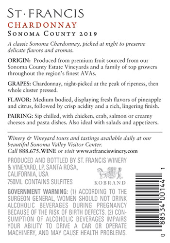 Sonoma County Chardonnay 2019 Back Label