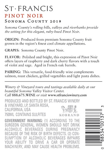 Sonoma County Pinot Noir 2019 Back Label