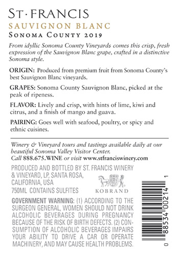 Sonoma County Sauvignon Blanc 2019 Back Label